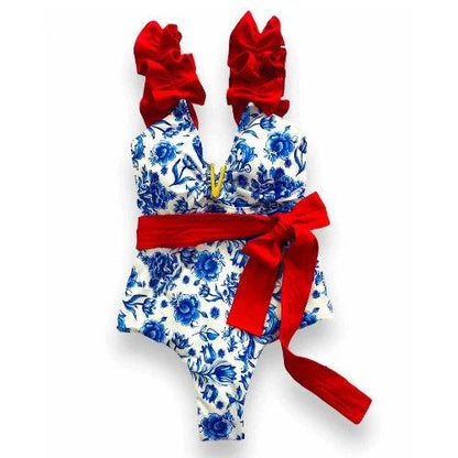 Ruffle Sleeve V Charm Floral One - Piece Bathing Suit - SHExFAB