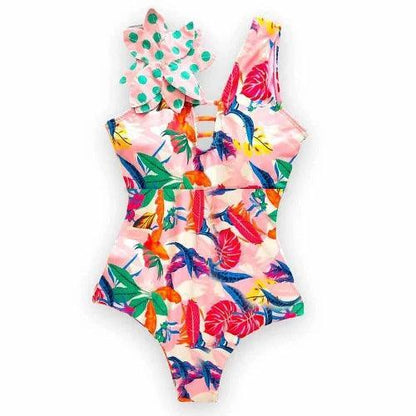 Ruffle Sleeve V Charm Floral One - Piece Swimsuit - SHExFAB