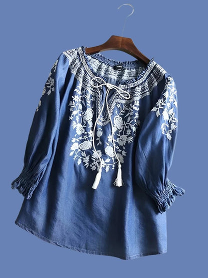 Ruffle SleeveFloral Embroidery Blue Denim Top - SHExFAB