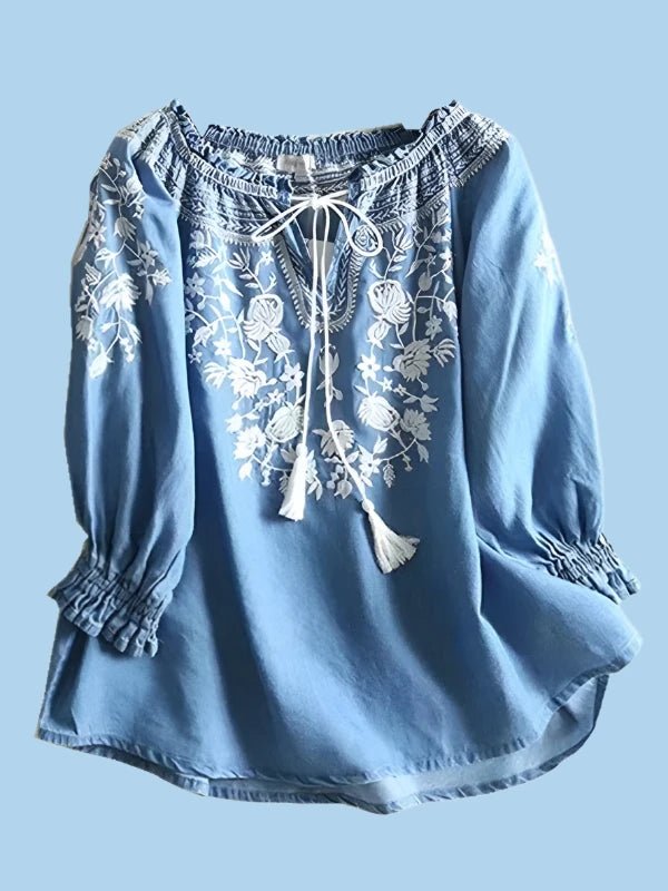 Ruffle SleeveFloral Embroidery Blue Denim Top - SHExFAB