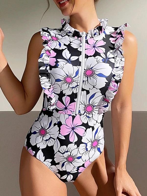 Ruffle Sleeveless Zipper One Piece Floral Bathing Suit - SHExFAB