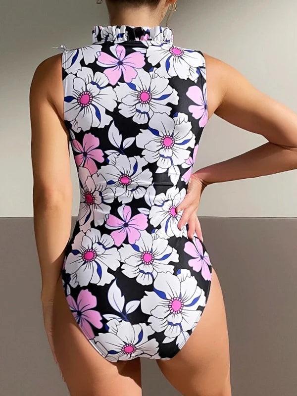 Ruffle Sleeveless Zipper One Piece Floral Bathing Suit - SHExFAB