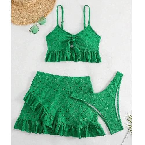 Ruffle Three Piece Bikini and Skirt Set - SHExFAB