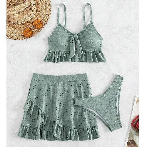 Ruffle Three Piece Bikini and Skirt Set - SHExFAB