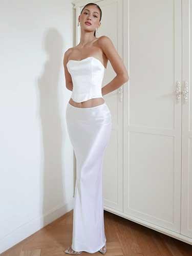 Satin Corset Top and Maxi Skirt Bridesmaid Two Piece Set - SHExFAB