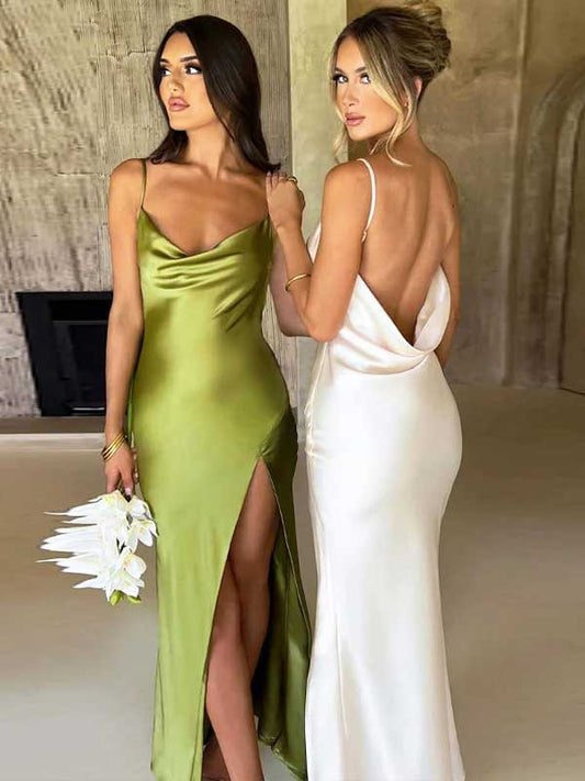 Satin Spaghetti Strap Backless Long Slit Dress - SHExFAB