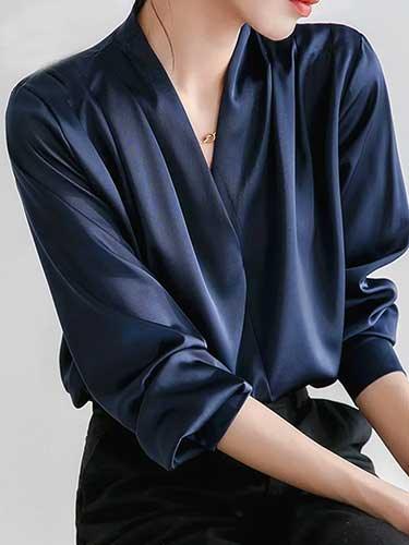 Satin V - Neck Lantern Sleeve Office Blouse - SHExFAB