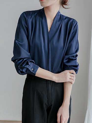 Satin V - Neck Lantern Sleeve Office Blouse - SHExFAB