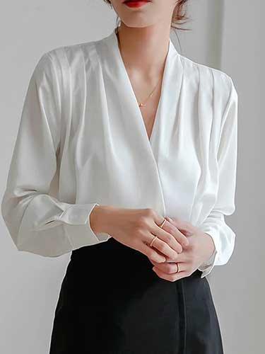 Satin V - Neck Lantern Sleeve Office Blouse - SHExFAB