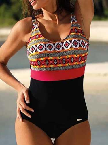 Scoop Back Patchwork One - Piece Padded Swimsuit - SHExFAB