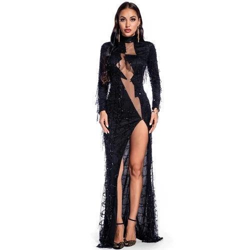 See Through Long Sleeve Slit Sequin Cocktail Dress - SHExFAB