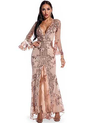 Sequin Backless Long Evening Cocktail Slit Dress - SHExFAB