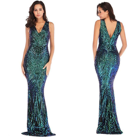 Sequin Floor Length Trumpet Cocktail Dress - SHExFAB