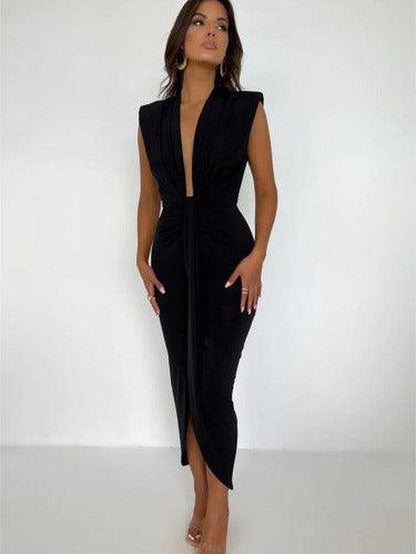 Sexy Deep V - Neck Side Split Slim Maxi Dress - SHExFAB