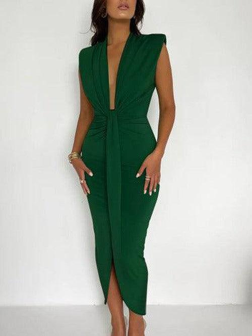 Sexy Deep V - Neck Side Split Slim Maxi Dress - SHExFAB