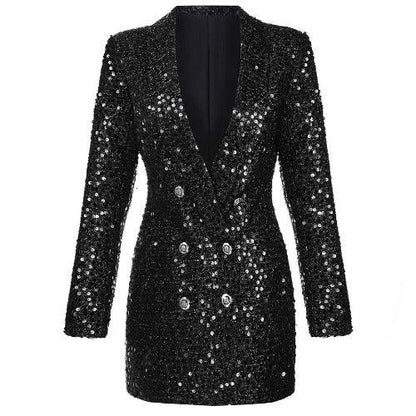 Shawl Collar Black Sequined Blazer - SHExFAB