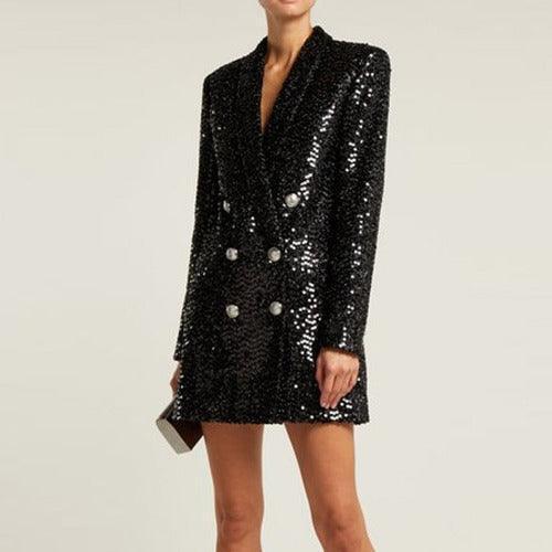 Shawl Collar Black Sequined Blazer - SHExFAB