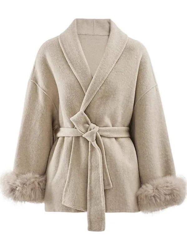 Shawl Collar Faux Fur Sleeve Wrap Coat - SHExFAB