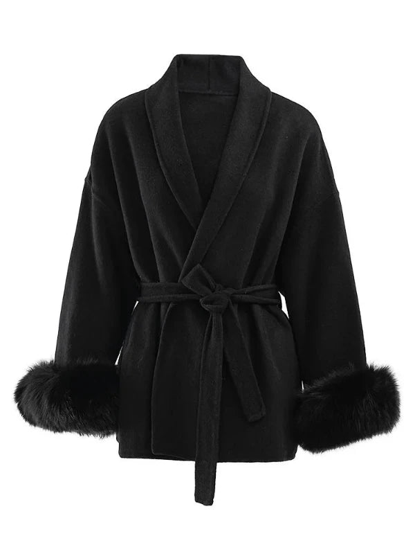 Shawl Collar Faux Fur Sleeve Wrap Coat - SHExFAB