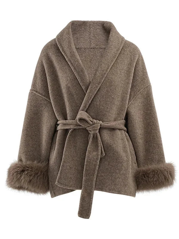 Shawl Collar Faux Fur Sleeve Wrap Coat - SHExFAB