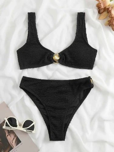 Shell Ring Colorblock Push Up Bra and High Waist Bikini Set - SHExFAB