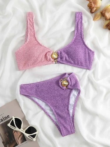 Shell Ring Colorblock Push Up Bra and High Waist Bikini Set - SHExFAB