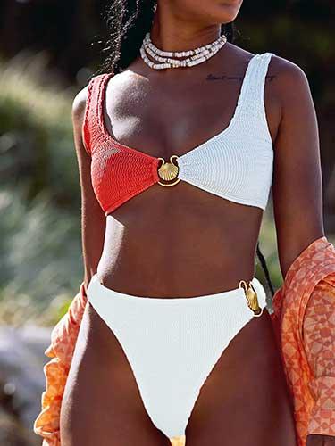 Shell Ring Colorblock Push Up Bra and High Waist Bikini Set - SHExFAB