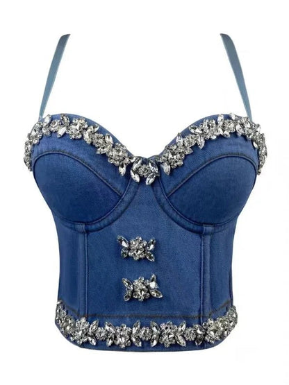 Shimmer Rhinestone Denim Corset Cami Top - SHExFAB