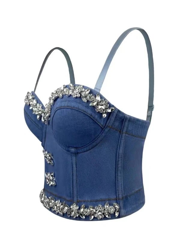 Shimmer Rhinestone Denim Corset Cami Top - SHExFAB