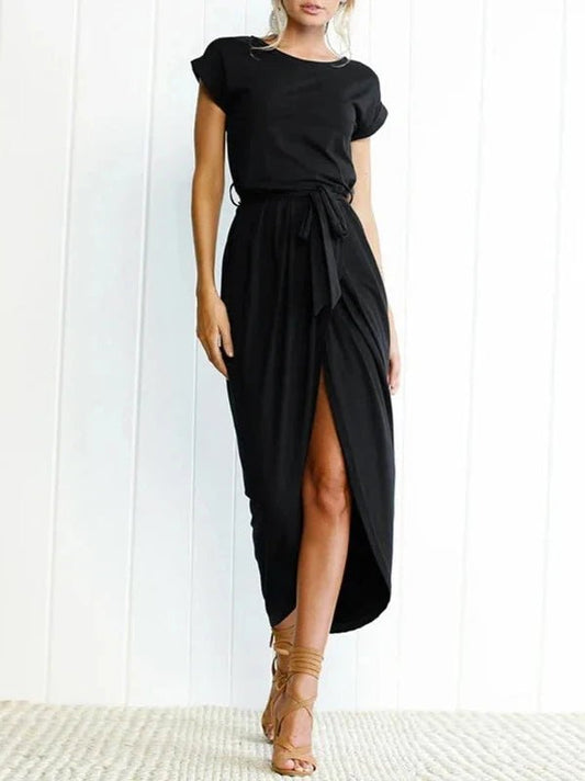 Short Sleeve Front Split Casual Long Dress with Belt - SHExFAB