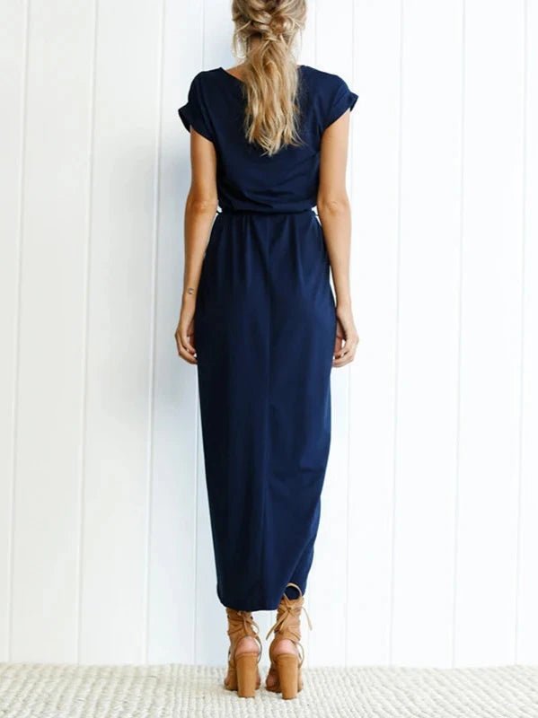 Short Sleeve Front Split Casual Long Dress with Belt - SHExFAB