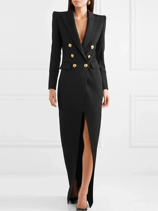 Shoulder Pad Double Breasted High Split Suit Dress - SHExFAB