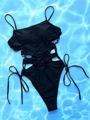 Side Lace - Up Cut Out Black Swimsuit - SHExFAB