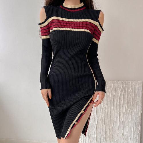 Side Split Button Short Knitted Dress - SHExFAB