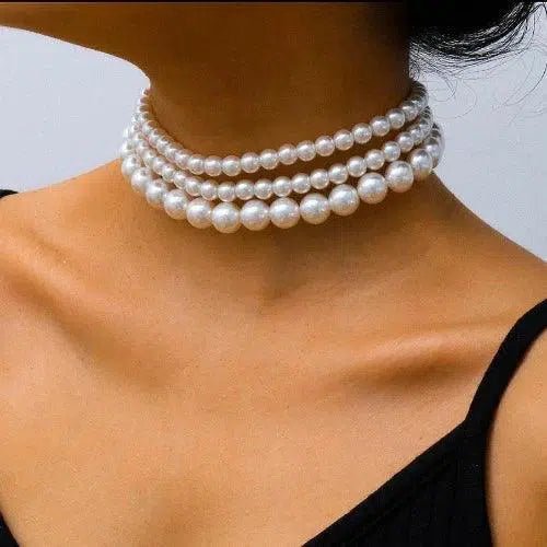 Simulated Pearl Three - Layered Choker Necklace - SHExFAB