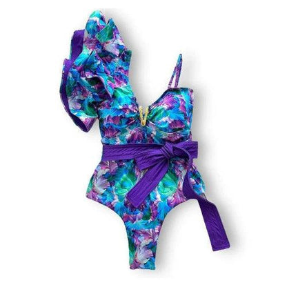 Single Ruffle Sleeve V Charm Floral Swimsuit - SHExFAB