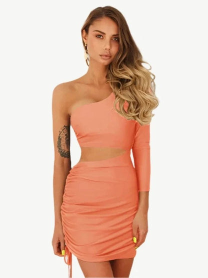 Single Sleeve Drawstring Mini Cut Out Party Dress - SHExFAB