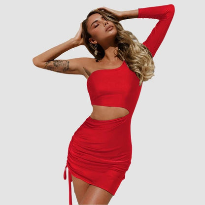 Single Sleeve Drawstring Mini Cut Out Party Dress - SHExFAB