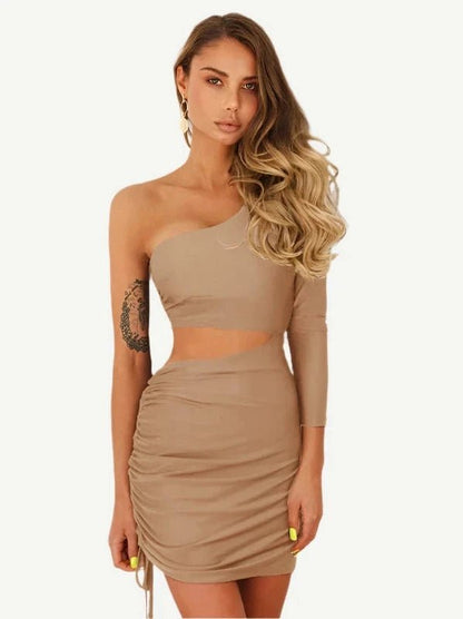 Single Sleeve Drawstring Mini Cut Out Party Dress - SHExFAB