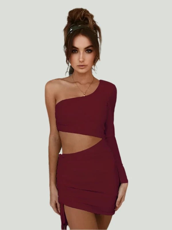 Single Sleeve Drawstring Mini Cut Out Party Dress - SHExFAB