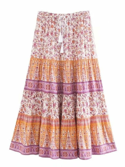 Small Floral Elastic Waist A - Line Pleated Long Skirt - SHExFAB