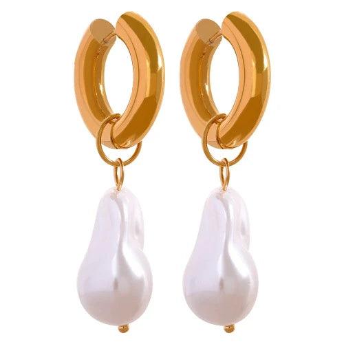 Small Hoop Imitation Pearl Drop Earrings - SHExFAB