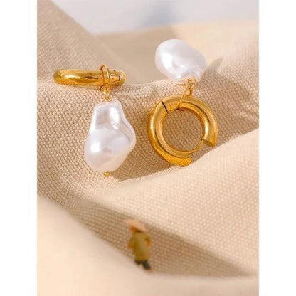 Small Hoop Imitation Pearl Drop Earrings - SHExFAB