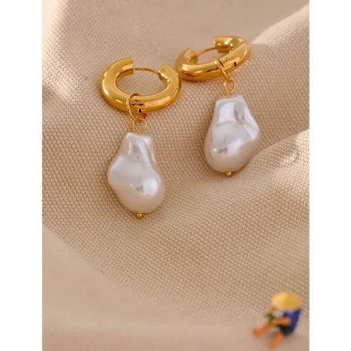 Small Hoop Imitation Pearl Drop Earrings - SHExFAB