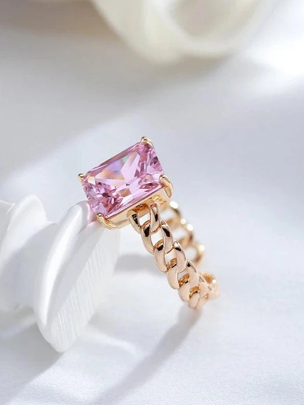 Solitaire Square Pink Cubic Zirconia Ring - SHExFAB