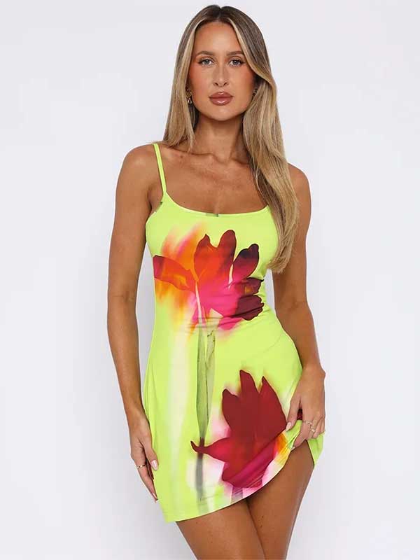 Spaghetti Strap Backless Bodycon Mini Floral Dress - SHExFAB