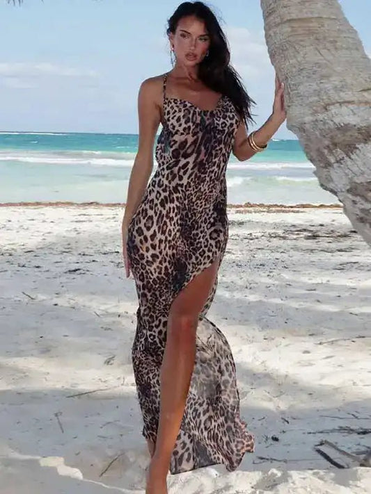 Spaghetti Strap Backless Leopard Maxi Dress - SHExFAB