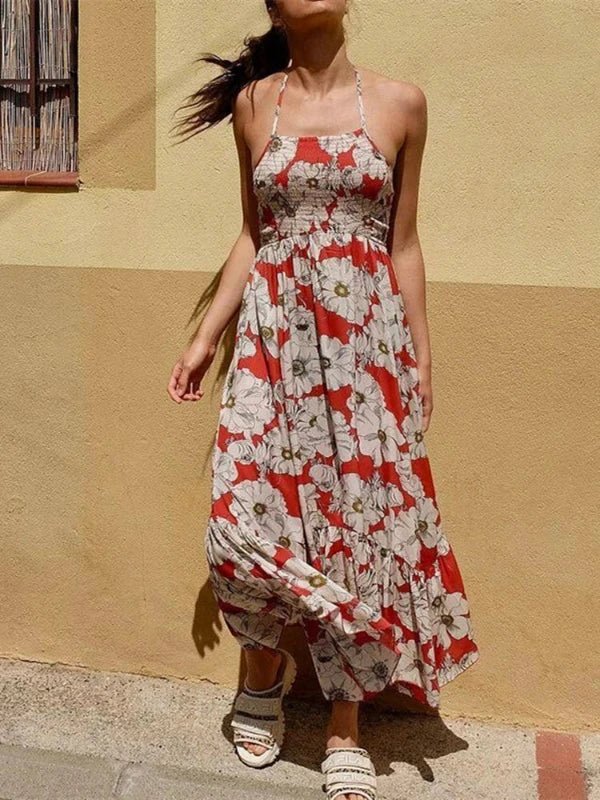 Spaghetti Strap Backless Long Summer Floral Dress - SHExFAB