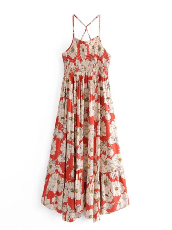 Spaghetti Strap Backless Long Summer Floral Dress - SHExFAB