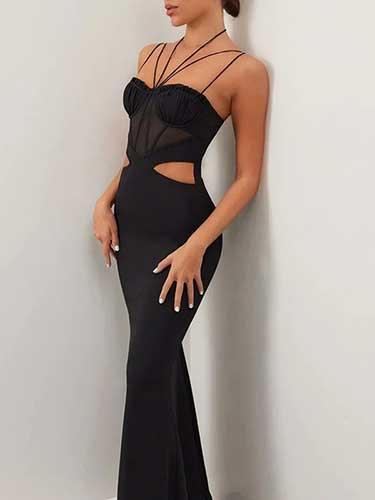 Spaghetti Strap Cut Out Sheer Long Bodycon Corset Dress - SHExFAB